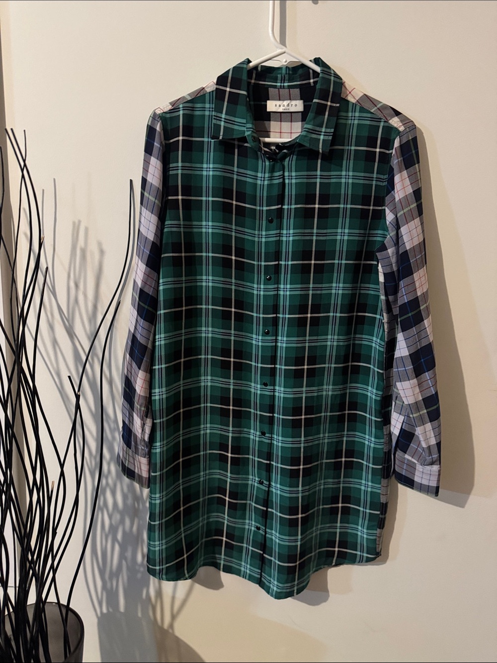 Sandro Paris Green and Navy Plaid Button-Down Shirt